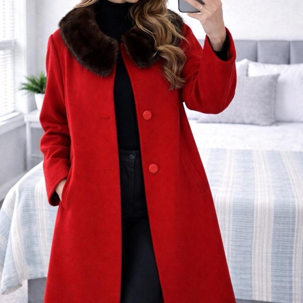VINTAGE Red Trench Coat with REAL Fur Collar